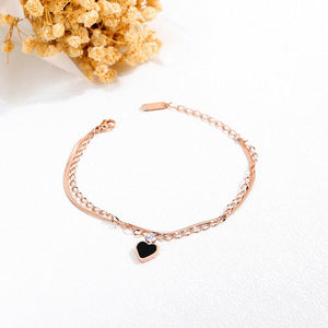 Simple and Sweet Plated Rose Gold Heart-shaped Titanium Steel Double-layer Bracelet with Cubic Zirconia - Glamorousky