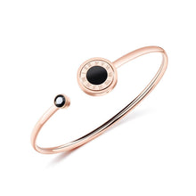 Load image into Gallery viewer, Elegant Plated Rose Gold Roman Numeral Geometric Round Titanium Steel Bangle with Black Cubic Zirconia - Glamorousky