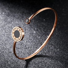 Load image into Gallery viewer, Elegant Plated Rose Gold Roman Numeral Geometric Round Titanium Steel Bangle with Black Cubic Zirconia - Glamorousky