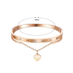 Fashion Classic Plated Rose Gold Roman Numeral Heart-shaped Titanium Steel Bangle with Cubic Zirconia - Glamorousky