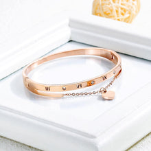 Load image into Gallery viewer, Fashion Classic Plated Rose Gold Roman Numeral Heart-shaped Titanium Steel Bangle with Cubic Zirconia - Glamorousky