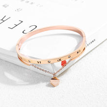 Load image into Gallery viewer, Fashion Classic Plated Rose Gold Roman Numeral Heart-shaped Titanium Steel Bangle with Cubic Zirconia - Glamorousky
