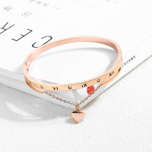 Fashion Classic Plated Rose Gold Roman Numeral Heart-shaped Titanium Steel Bangle with Cubic Zirconia - Glamorousky