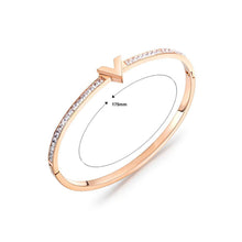 Load image into Gallery viewer, Simple and Fashion Plated Rose Gold English Alphabet V Titanium Steel Bangle with Cubic Zirconia - Glamorousky