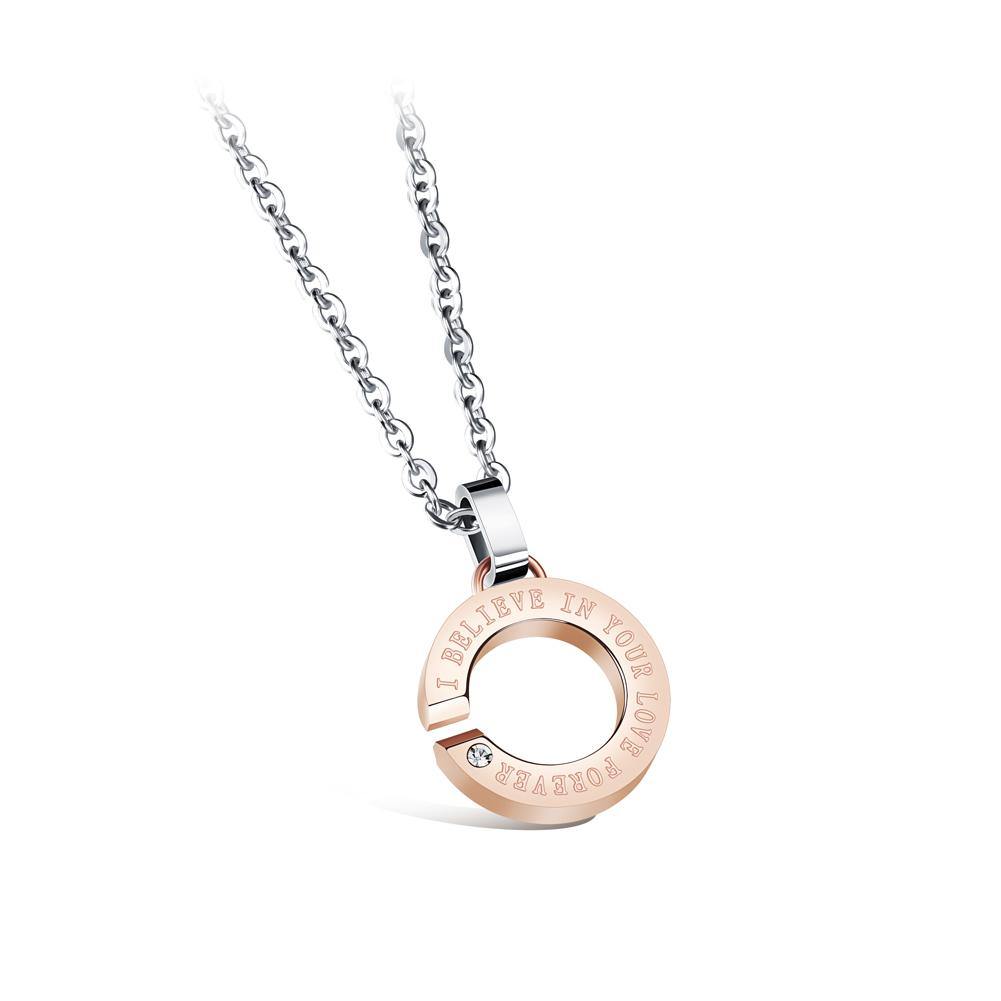 Fashion and Simple Plated Rose Gold Titanium Steel Geometric Round Pendant with Cubic Zirconia and Necklace - Glamorousky