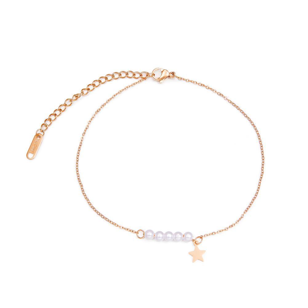 Simple and Elegant Plated Rose Gold Star Pearl Titanium Steel Anklet - Glamorousky