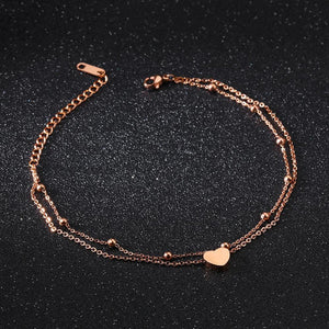 Simple and Sweet Plated Rose Gold Heart-shaped Titanium Steel Double-layer Anklet - Glamorousky
