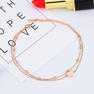 Simple and Sweet Plated Rose Gold Heart-shaped Titanium Steel Double-layer Anklet - Glamorousky