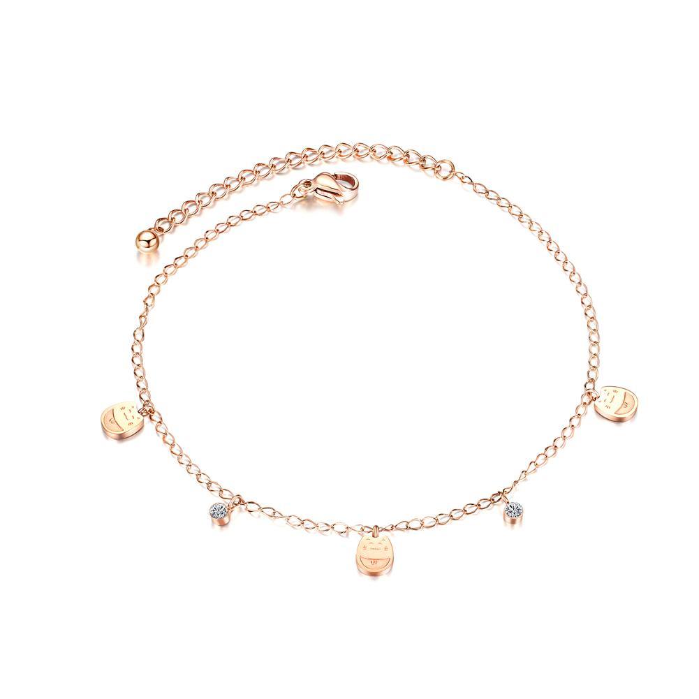 Simple Personality Plated Rose Gold Lucky Cat Cubic Zirconia Titanium Steel Anklet - Glamorousky