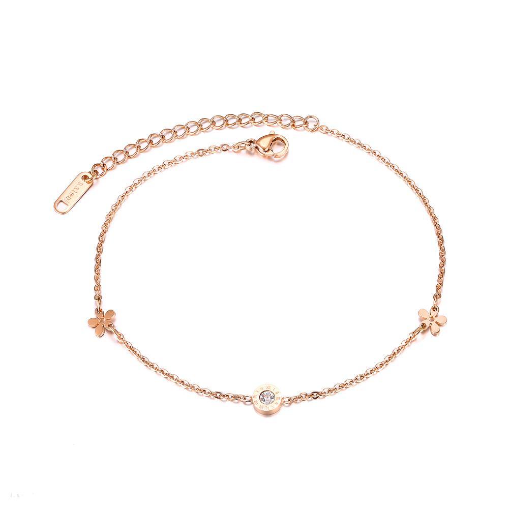 Simple Personality Plated Rose Gold Geometric Round Flower Titanium Steel Anklet with Cubic Zirconia - Glamorousky