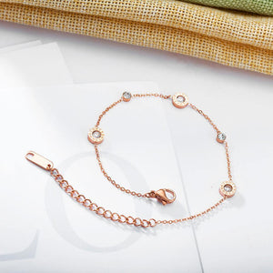 Simple and Fashion Plated Rose Gold Roman Numerals Geometric Round Cubic Zirconia Titanium Steel Anklet - Glamorousky
