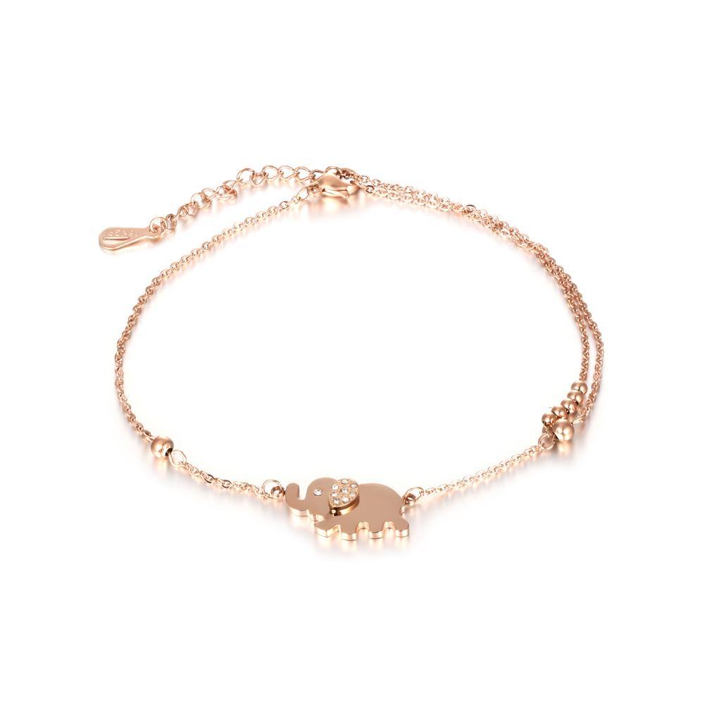 Fashion and Cute Plated Rose Gold Elephant Titanium Steel Double Anklet - Glamorousky