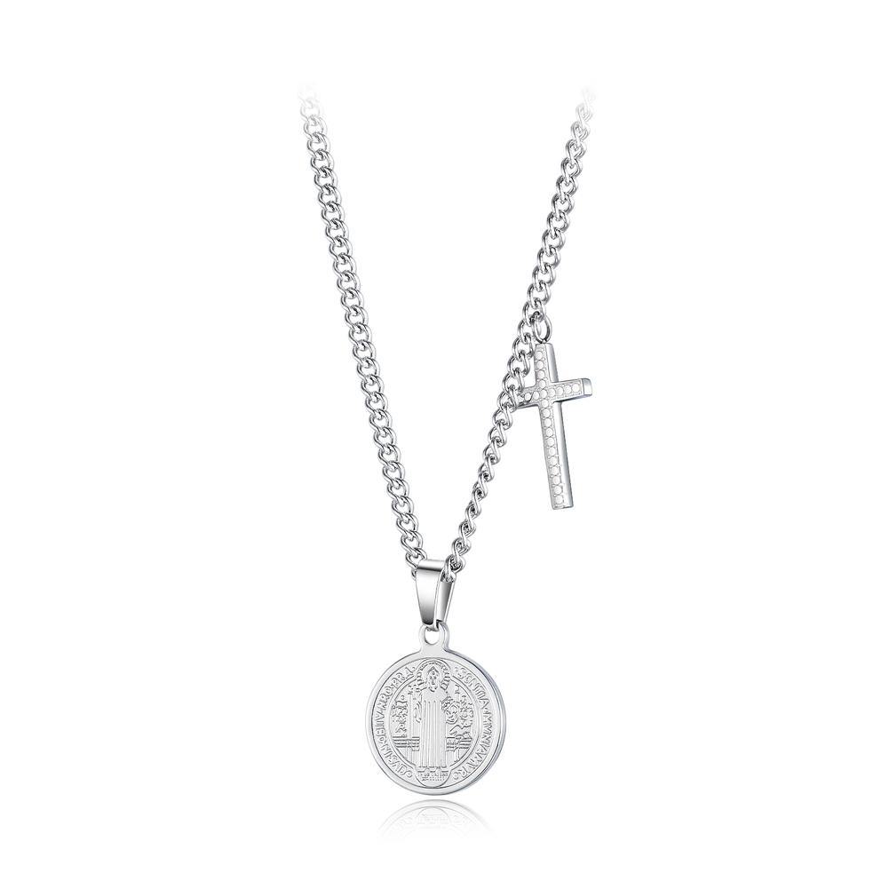 Fashion Classic Virgin Cross Geometric Round Pendant with Titanium Steel Necklace - Glamorousky