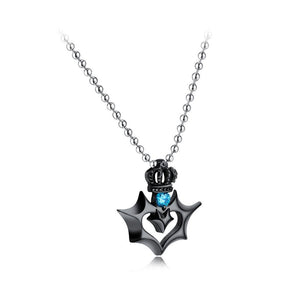 Fashion Creative Plated Black Titanium Steel Heart-shaped Crown Pendant with Blue Cubic Zirconia and Necklace - Glamorousky