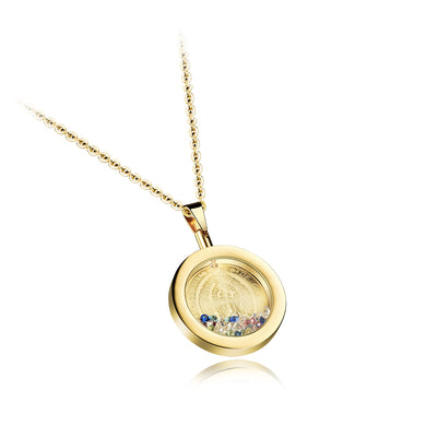 Fashion and Elegant Plated Gold Virgin Mary Round 316L Stainless Steel Pendant with Cubic Zirconia and Necklace