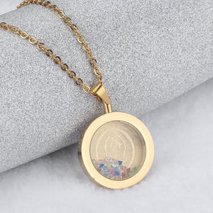 Fashion and Elegant Plated Gold Virgin Mary Round 316L Stainless Steel Pendant with Cubic Zirconia and Necklace