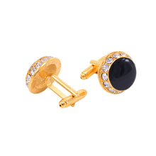 Load image into Gallery viewer, Fashion Simple Plated Gold Black Geometric Round Cufflinks with Cubic Zirconia