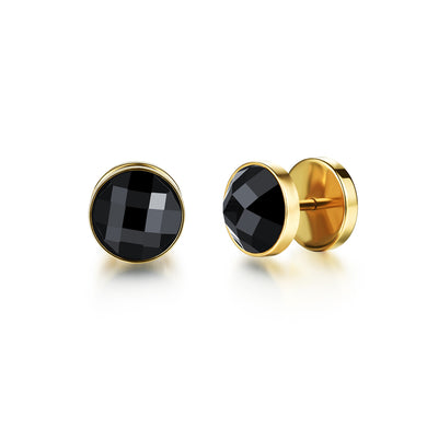 Simple and Bright Plated Gold Geometric Round 316L Stainless Steel Stud Earrings with Black Cubic Zirconia