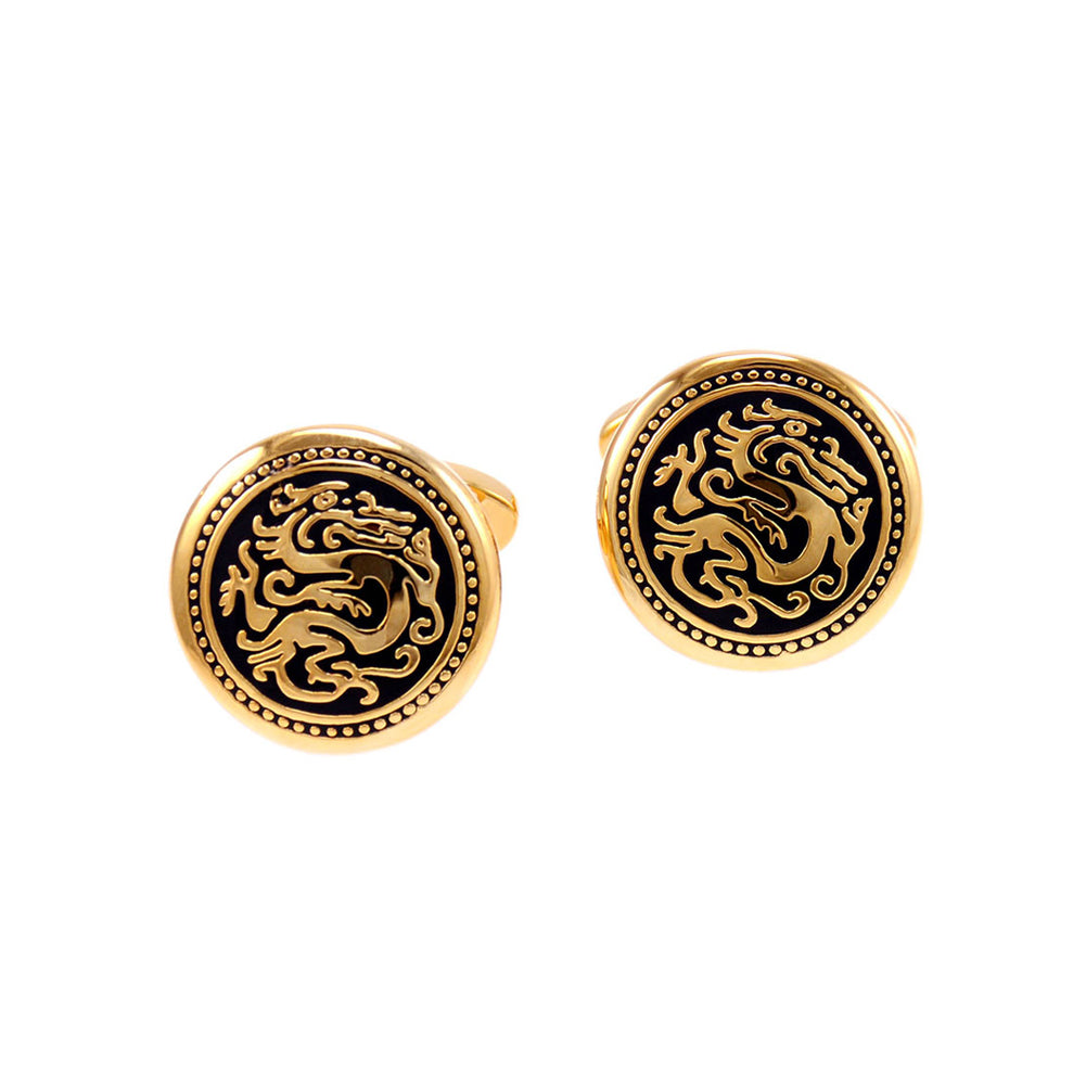 Fashion Elegant Plated Gold Dragon Totem Geometric Round Cufflinks