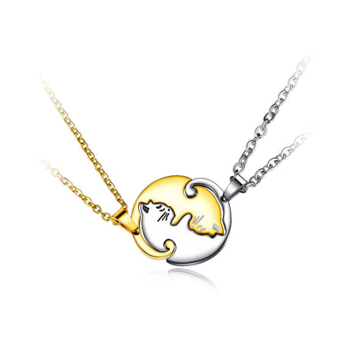 Simple Fashion Silver and Gold Stitching Cat Couple Titanium Steel Pendant with Necklace