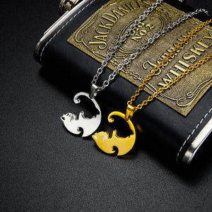 Simple Fashion Silver and Gold Stitching Cat Couple Titanium Steel Pendant with Necklace
