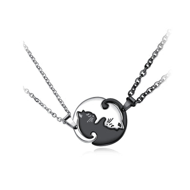 Simple Fashion Silver and Black Stitching Cat Couple Titanium Steel Pendant with Necklace