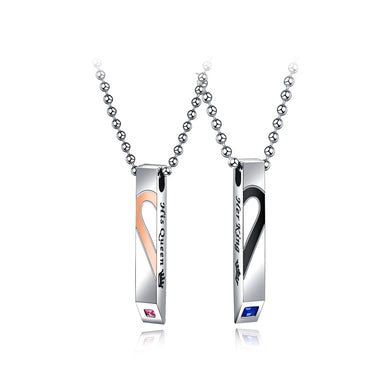 Simple and Sweet Mosaic Heart-shaped Geometric Rectangular Couple Titanium Steel Pendant with Cubic Zirconia and Necklace