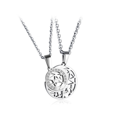 Fashion Simple Hollow Moon Sun Couple Titanium Steel Pendant with Cubic Zirconia and Necklace