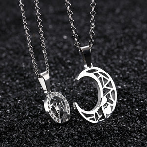 Fashion Simple Hollow Moon Sun Couple Titanium Steel Pendant with Cubic Zirconia and Necklace