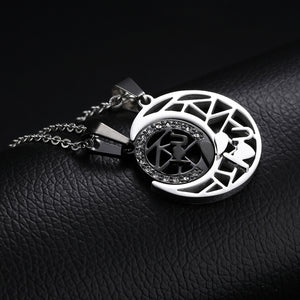 Fashion Simple Silver Black Hollow Moon Sun Couple Titanium Steel Pendant with Cubic Zirconia and Necklace