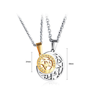 Fashion Simple Silver and Gold Hollow Moon Sun Couple Titanium Steel Pendant with Cubic Zirconia and Necklace