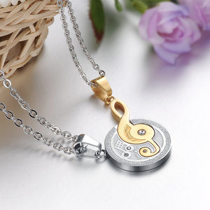 Fashion Romantic Silver and Gold Music Notes Couple Titanium Steel Pendant with Cubic Zirconia and Necklace