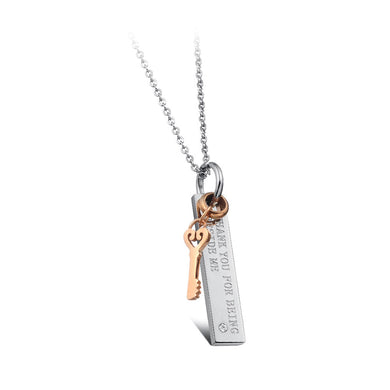Simple Creative Rose Gold Key Geometric Rectangular 316L Stainless Steel Pendant with Necklace