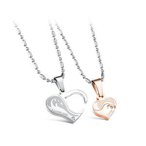 Simple Romantic Silver and Gold Heart-shaped Couple Titanium Steel Pendant with Necklace