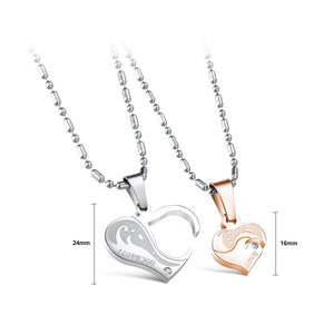 Simple Romantic Silver and Gold Heart-shaped Couple Titanium Steel Pendant with Necklace