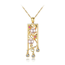 Load image into Gallery viewer, 925 Sterling Silver Plated Gold Elegant Hollow Carved Pendant with White Freshwater Pearls and Necklace