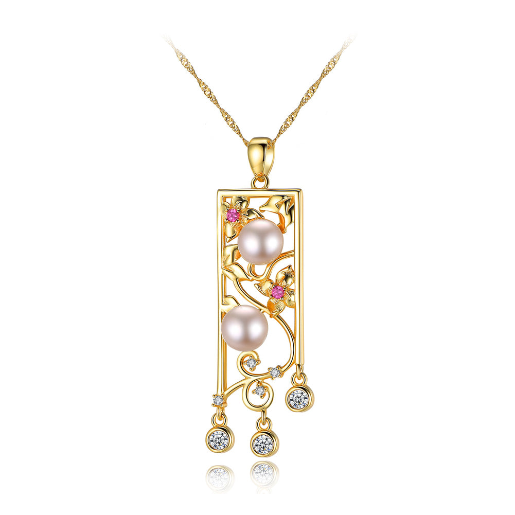 925 Sterling Silver Plated Gold Elegant Hollow Carved Pendant with White Freshwater Pearls and Necklace