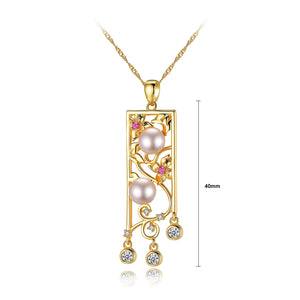 925 Sterling Silver Plated Gold Elegant Hollow Carved Pendant with White Freshwater Pearls and Necklace