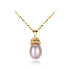 Load image into Gallery viewer, 925 Sterling Silver Plated Gold Fashion Elegant Crown Purple Freshwater Pearl Pendant with Cubic Zirconia and Necklace