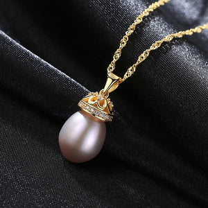 925 Sterling Silver Plated Gold Fashion Elegant Crown Purple Freshwater Pearl Pendant with Cubic Zirconia and Necklace