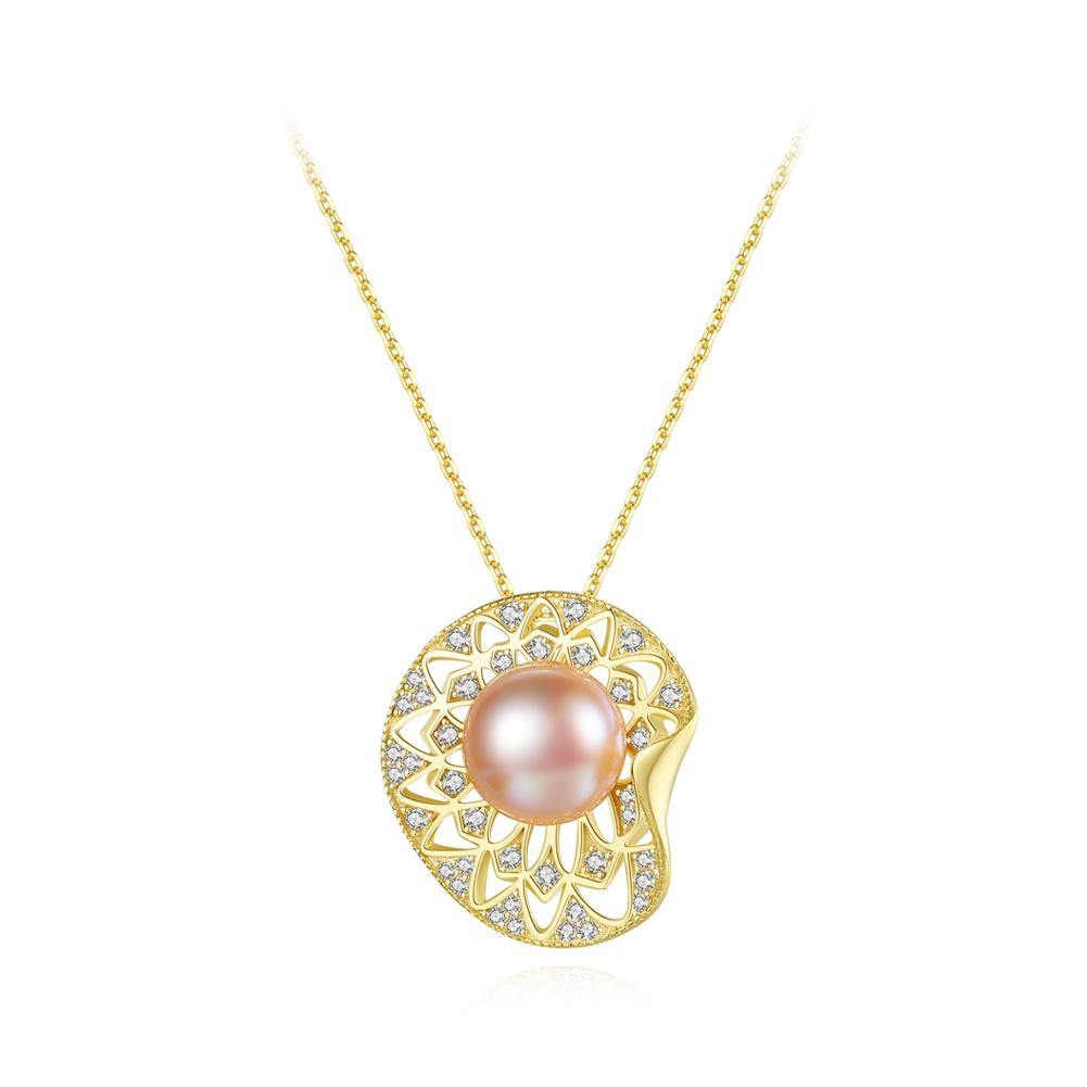925 Sterling Plated Silver Gold Elegant Simple Shell Pink Freshwater Pearl Pendant with Cubic Zirconia and Necklace - Glamorousky