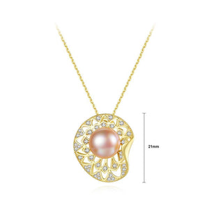 925 Sterling Plated Silver Gold Elegant Simple Shell Pink Freshwater Pearl Pendant with Cubic Zirconia and Necklace - Glamorousky