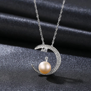 925 Sterling Silver Simple Bright Moon White Freshwater Pearl Pendant with Cubic Zirconia and Necklace
