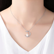 Load image into Gallery viewer, 925 Sterling Silver Simple Bright Moon White Freshwater Pearl Pendant with Cubic Zirconia and Necklace