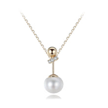 Load image into Gallery viewer, 925 Sterling Silver Plated Gold Simple Fashion Geometric Round White Freshwater Pearl Pendant with Cubic Zircon and Necklace
