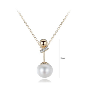 925 Sterling Silver Plated Gold Simple Fashion Geometric Round White Freshwater Pearl Pendant with Cubic Zircon and Necklace