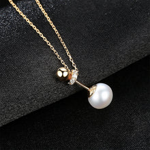 Load image into Gallery viewer, 925 Sterling Silver Plated Gold Simple Fashion Geometric Round White Freshwater Pearl Pendant with Cubic Zircon and Necklace