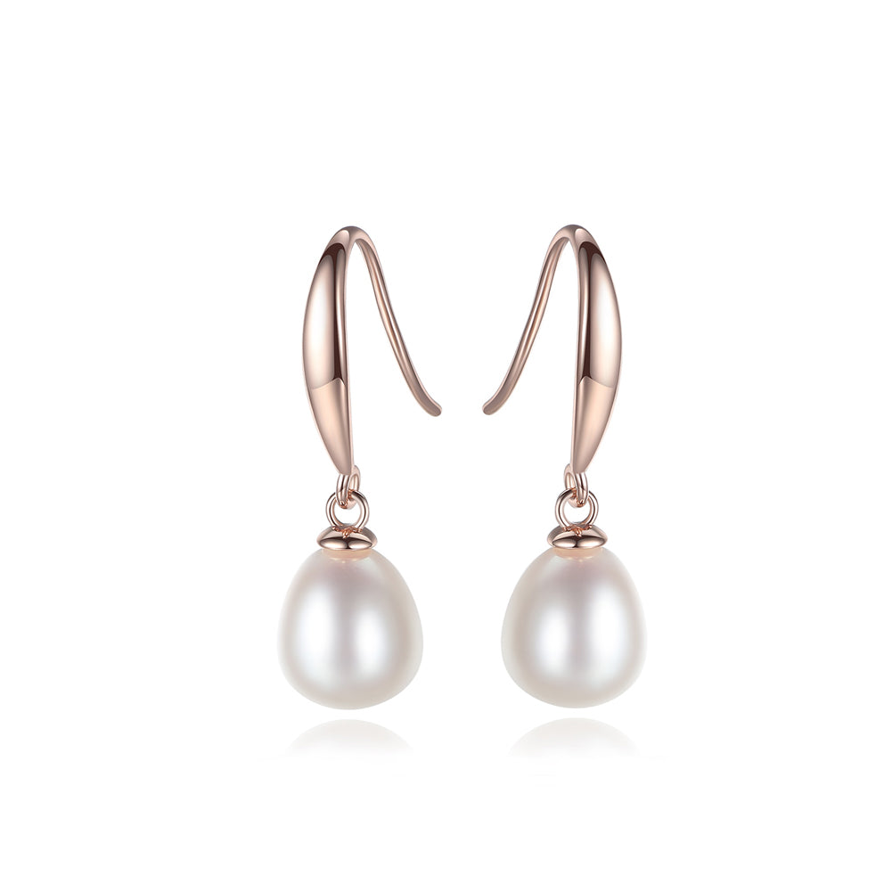 925 Sterling Silver Plated Rose Gold Simple Elegant White Freshwater Pearl Earrings