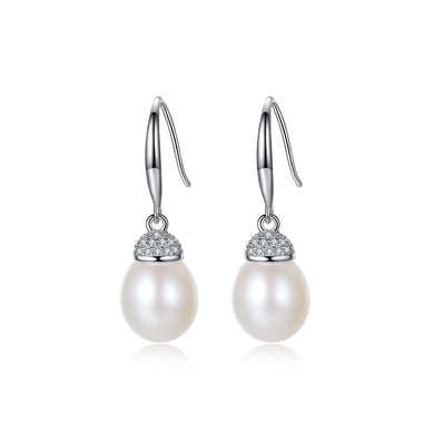 925 Sterling Silver Fashion Simple Geometric White Freshwater Pearl Earrings with Cubic Zirconia
