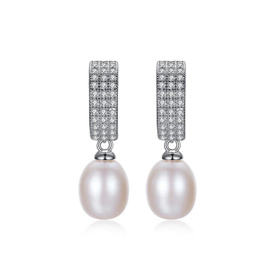 925 Sterling Silver Bright and Elegant Geometric White Freshwater Pearl Earrings with Cubic Zirconia - Glamorousky